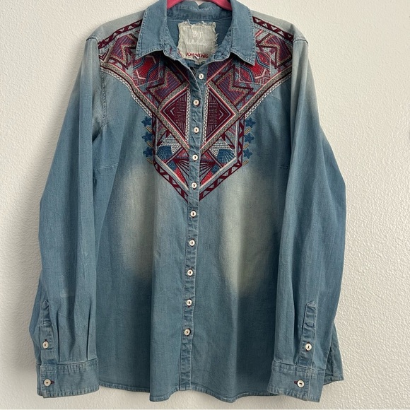 Johnny Was Blue Embroidered Chambray Shirt | Size Large - Picture 4 of 7